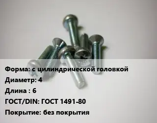 Винт с цилиндрической головкой 4х6 ГОСТ 1491-80 без покрытия